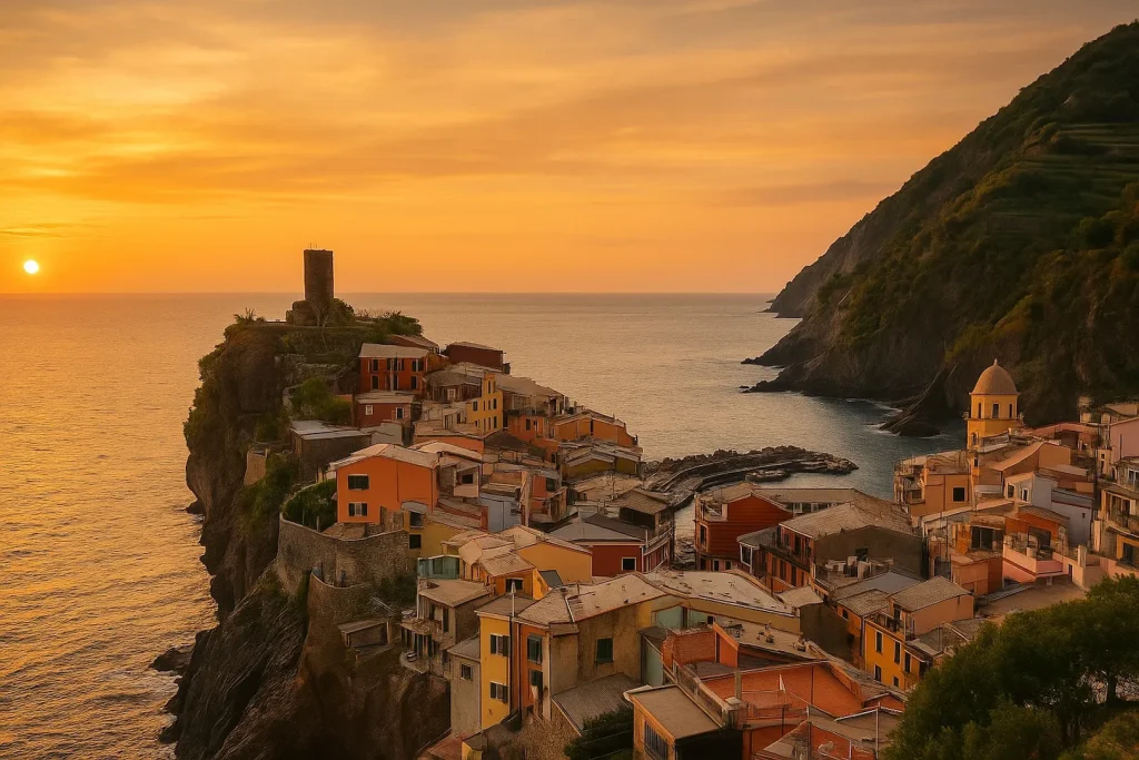 Beautiful image of an Italian city by the coast, warm colors