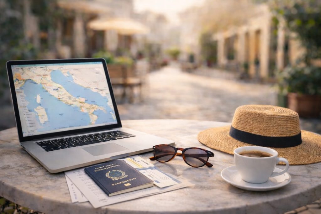 working on laptop in italy